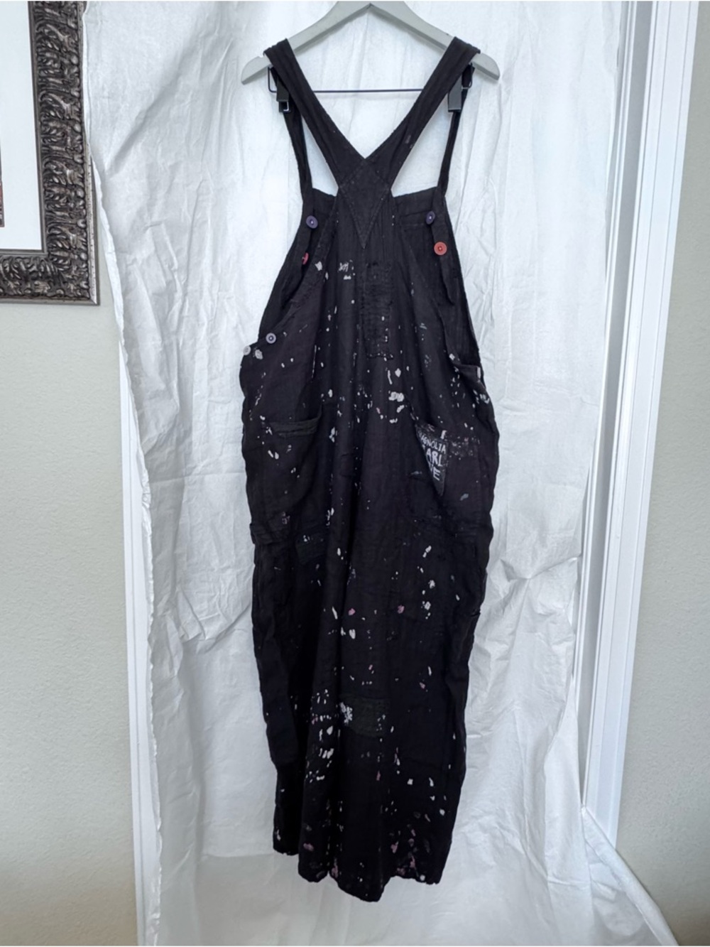 Magnolia Pearl Black Overalls with 'PEACE' Graphic and White Paint Splatter - Picture 12 of 16